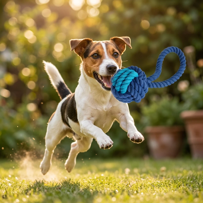 balle pour chien tissu bleu avec corde