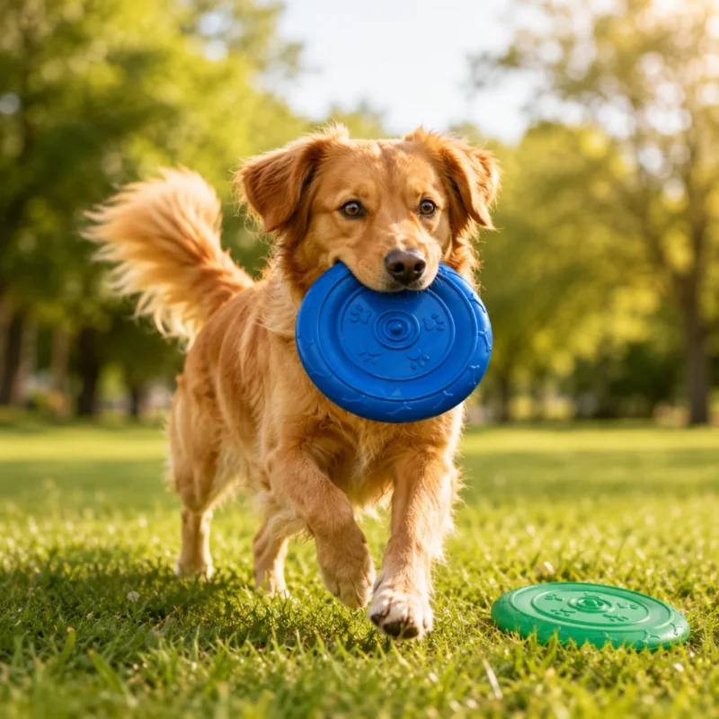 Chien joyeux jouant avec un frisbee pour chien Merless dans un parc