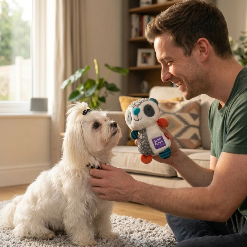 Bichon maltais avec jouet pour petit chien en peluche raton laveur