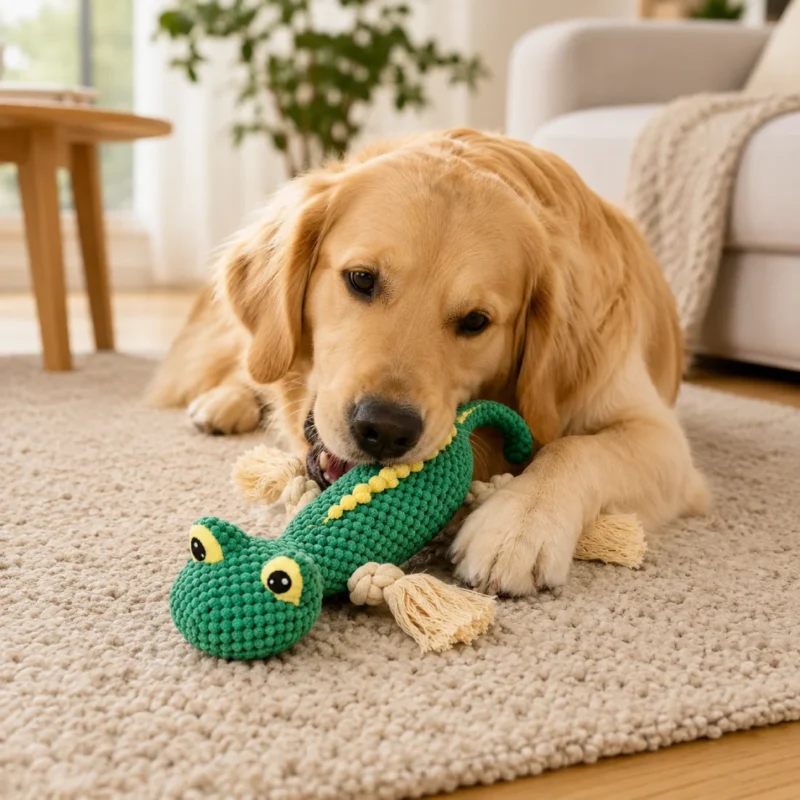 Golden retriever jouant avec un jouet sonore pour chien en forme de lézard en coton