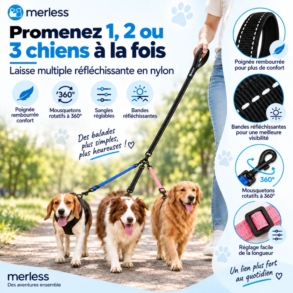 Laisse multiple 3 chiens Merless réfléchissante utilisée en promenade