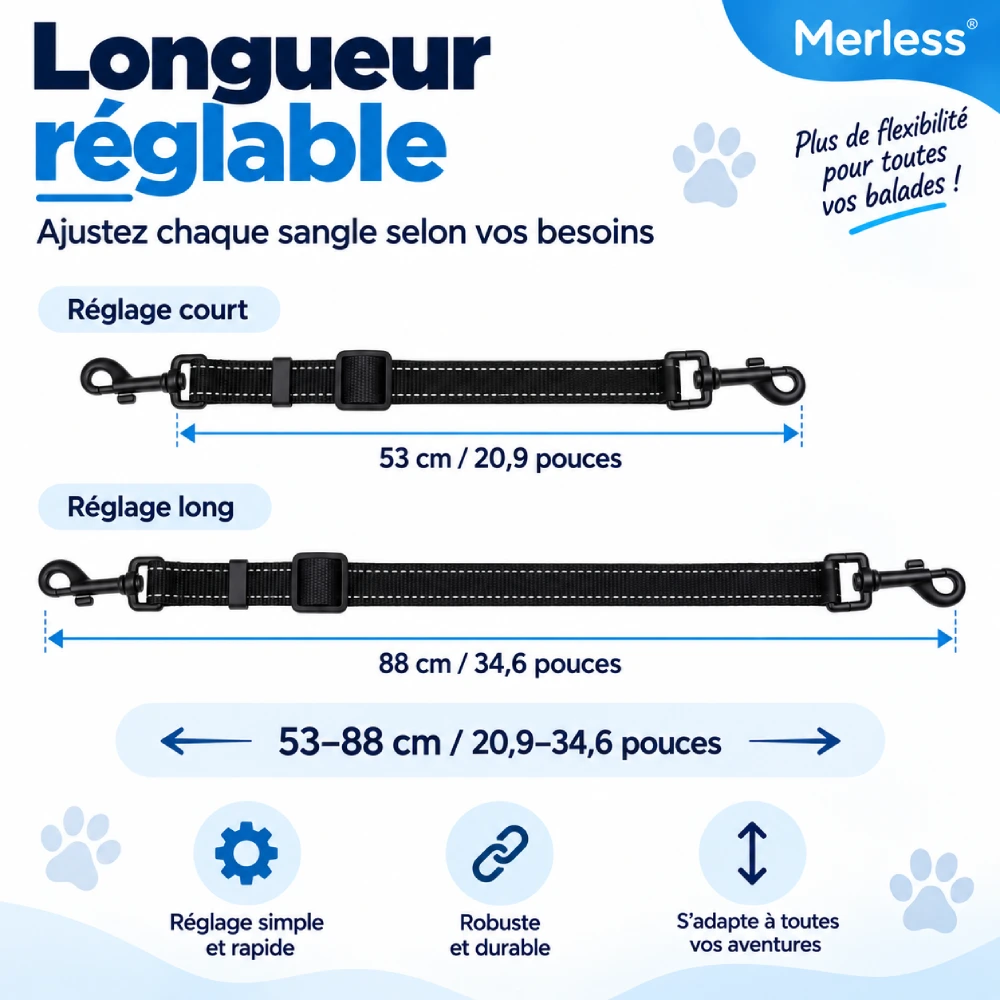 Sangles réglables de laisse multiple Merless de 53 à 88 cm pour 1, 2 ou 3 chiens