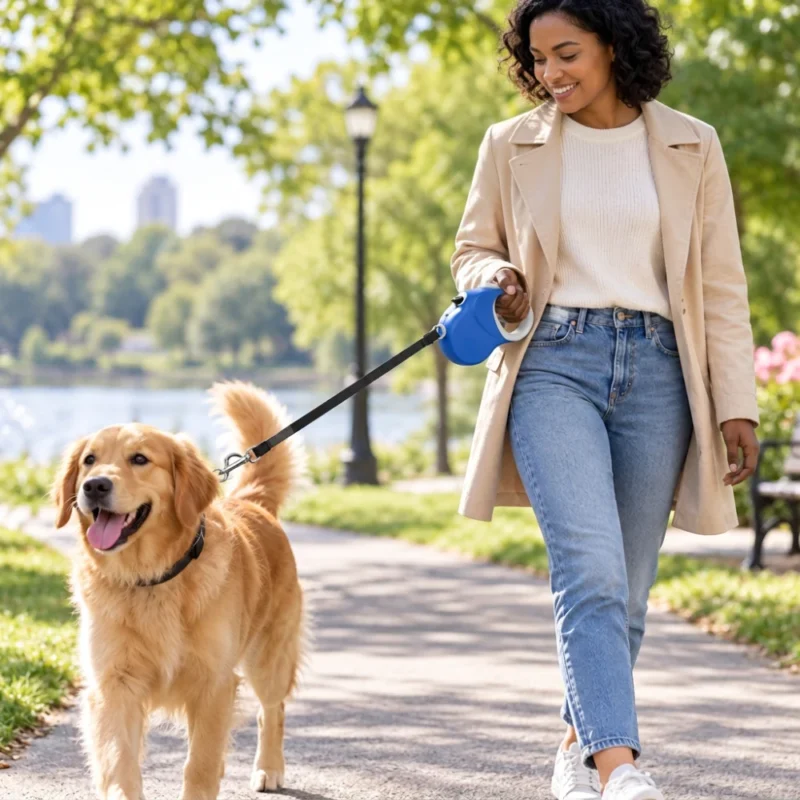 Femme promenant un Golden Retriever avec une laisse rétractable 5 m chien bleue