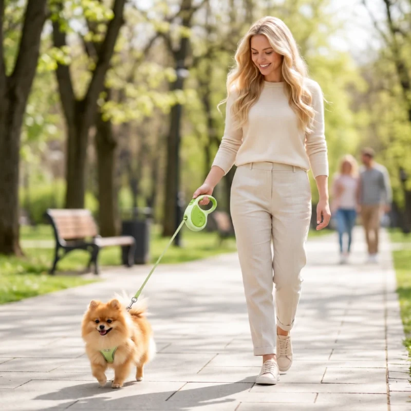 Laisse rétractable 5 m chien utilisée avec un Pomeranian dans un parc