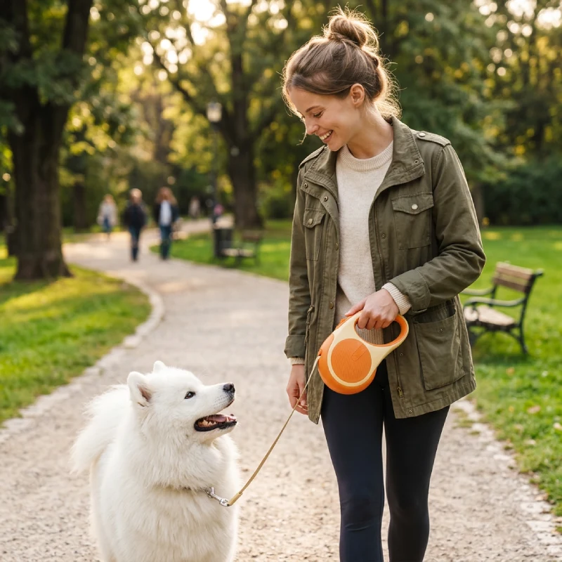 femme promenant un chien blanc avec une laisse rétractable Merless