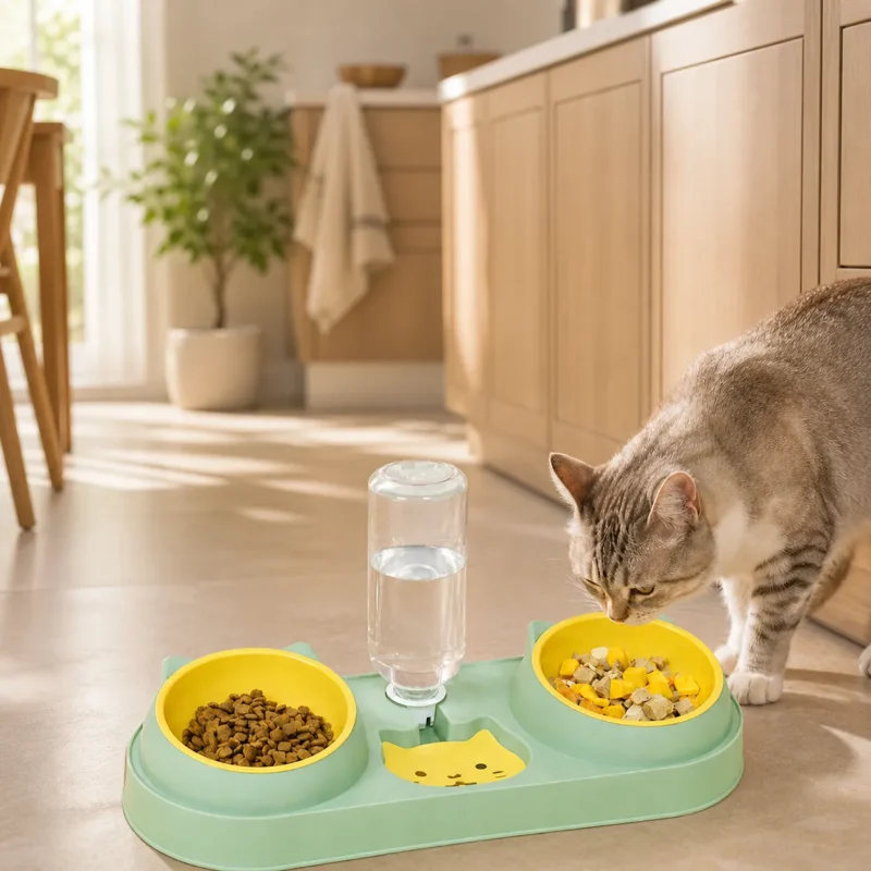 gamelle double chat avec distributeur d’eau verte Merless utilisée par un chat