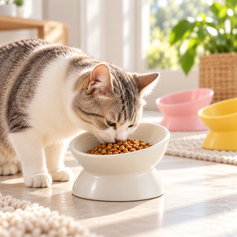 GGamelle en céramique inclinée pour chat à 15°, avec un chat mangeant ses croquettes dans une gamelle blanche MERLESS.